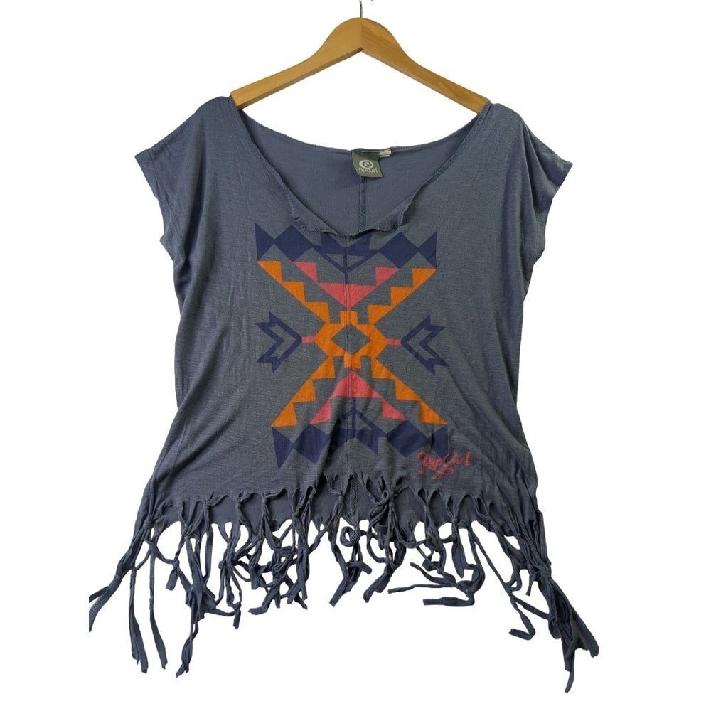 Rip‎ Curl Shirt Womens XS Daystar Dolman Short Sleeve Fringe Blue Surfer Beach